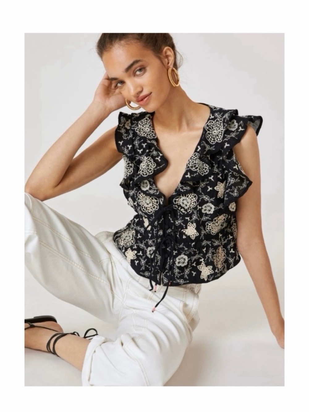Anthropologie Black Embroidered Ruffle Tie-Front Top - Picture 3 of 7